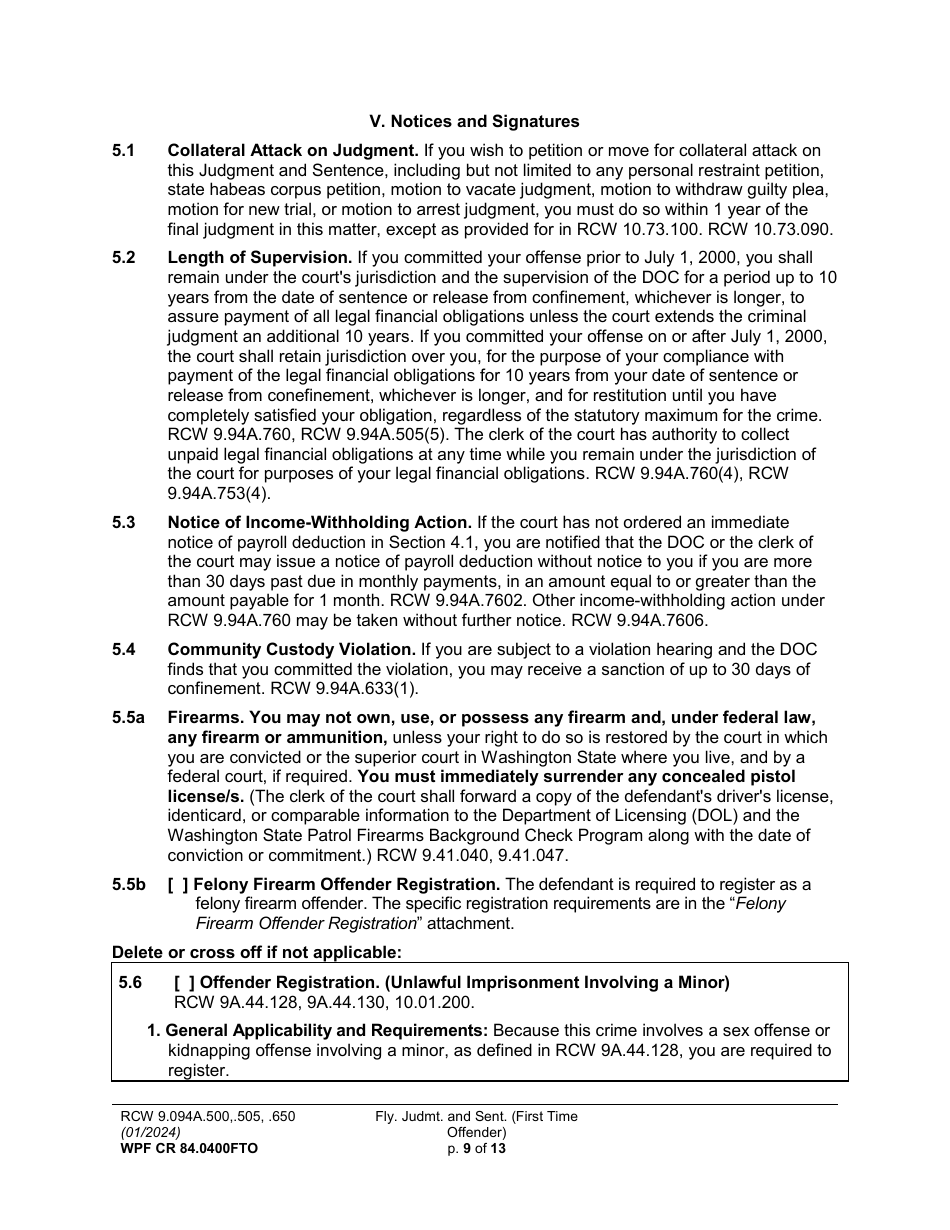 Form WPF CR84.0400FTO Felony Judgment and Sentence - First-Time Offender - Washington, Page 9