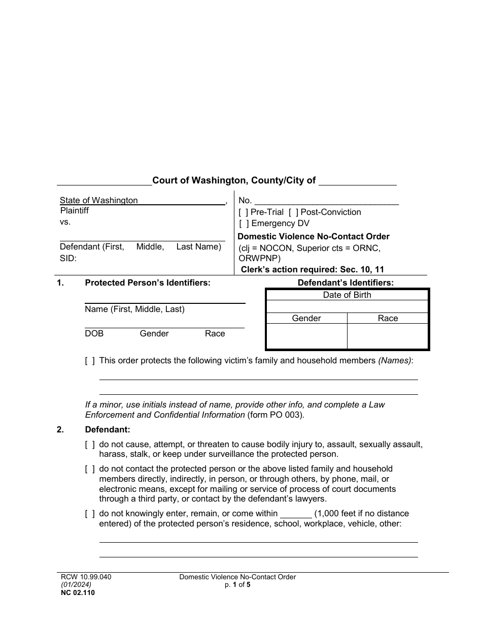 Form NC02.110 Domestic Violence No-Contact Order - Washington, Page 1