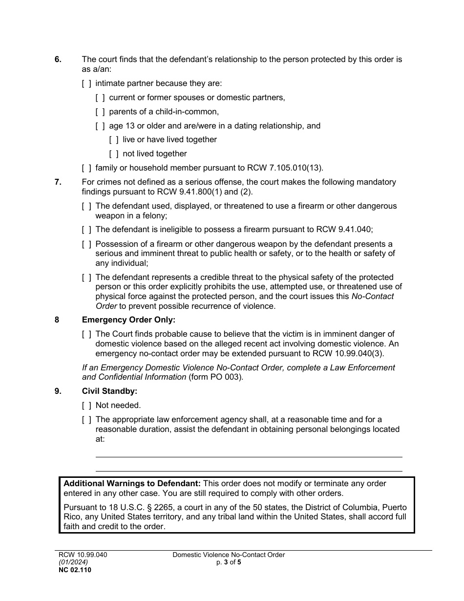 Form NC02.110 Domestic Violence No-Contact Order - Washington, Page 3