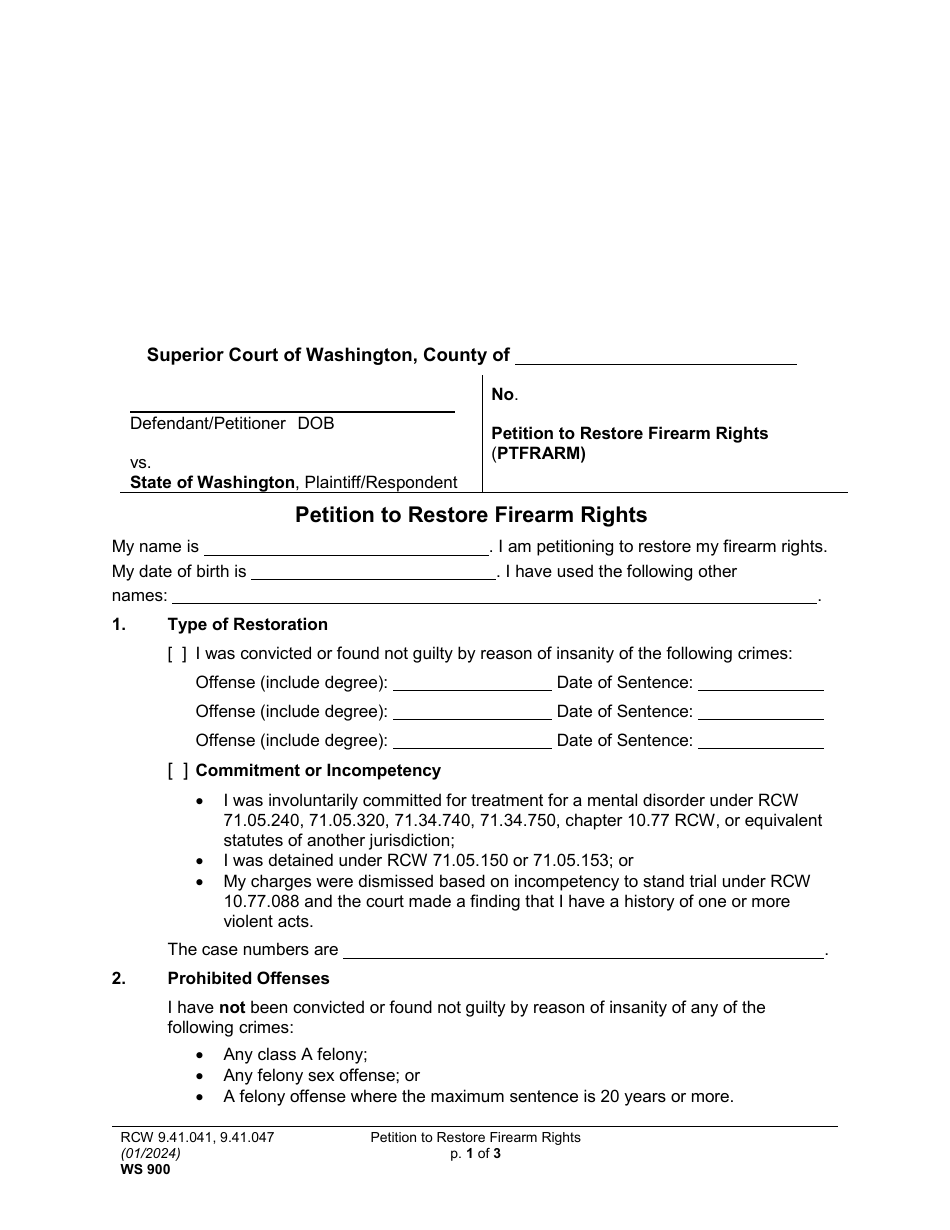 Form WS900 Petition to Restore Firearm Rights - Washington, Page 1