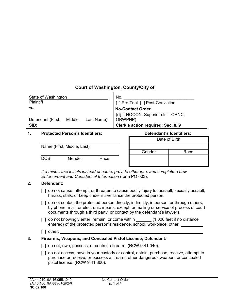 Form NC02.100 No-Contact Order - Washington, Page 1