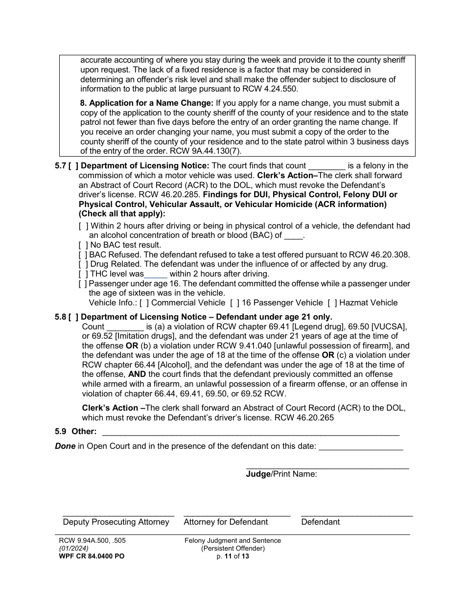Form WPF CR84.0400 PO Felony Judgment and Sentence - Persistent Offender - Washington, Page 11