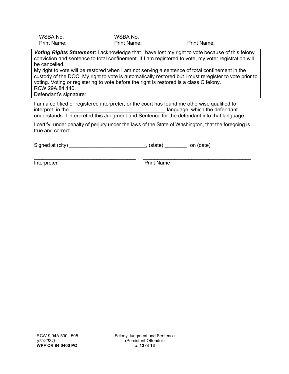 Form WPF CR84.0400 PO Felony Judgment and Sentence - Persistent Offender - Washington, Page 12