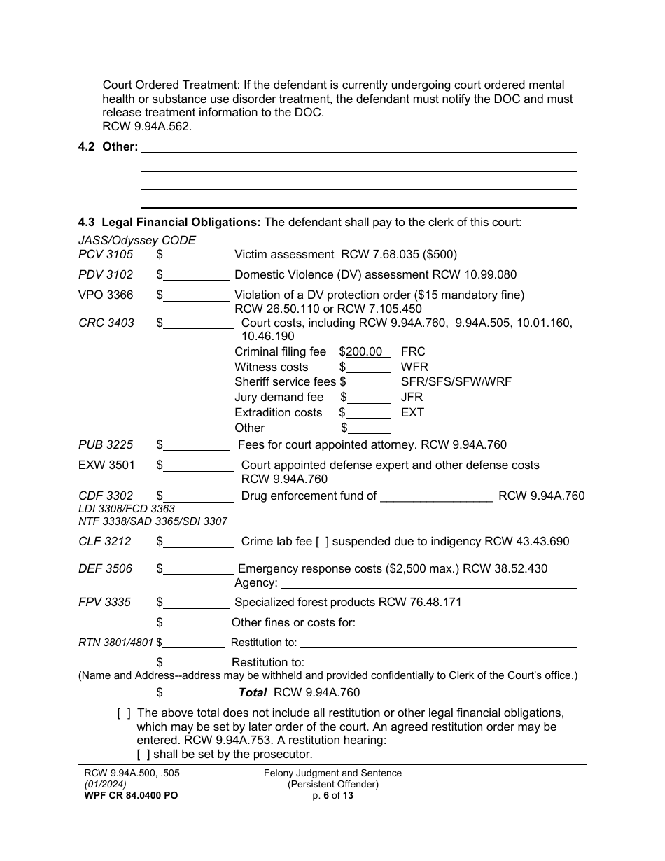Form WPF CR84.0400 PO Felony Judgment and Sentence - Persistent Offender - Washington, Page 6