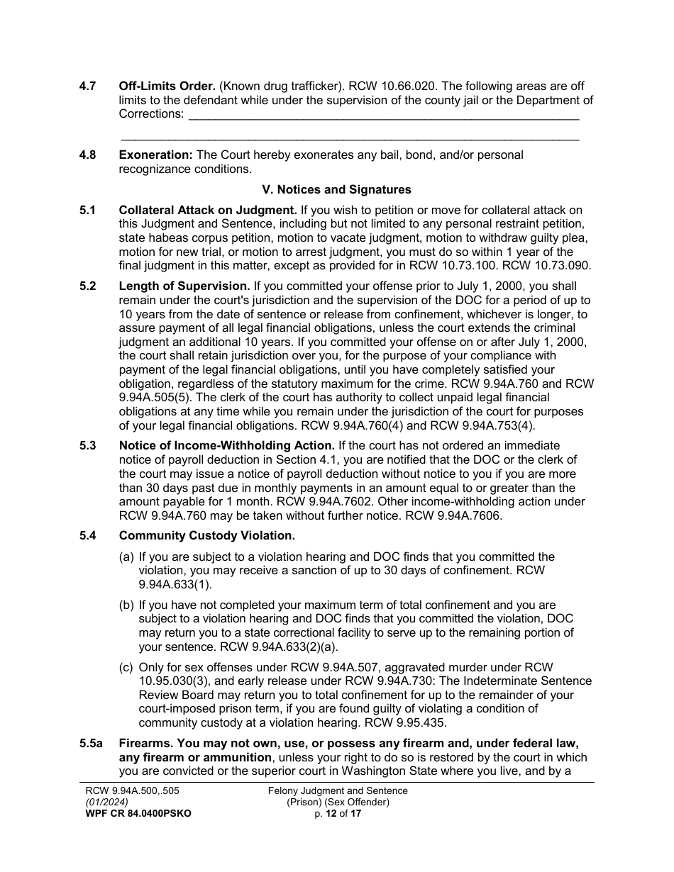 Form WPF CR84.0400PSKO Felony Judgment and Sentence - Prison (Sex Offense and Kidnapping of a Minor) - Washington, Page 12