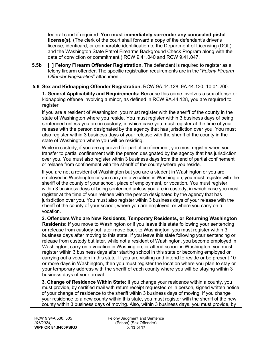 Form WPF CR84.0400PSKO Felony Judgment and Sentence - Prison (Sex Offense and Kidnapping of a Minor) - Washington, Page 13