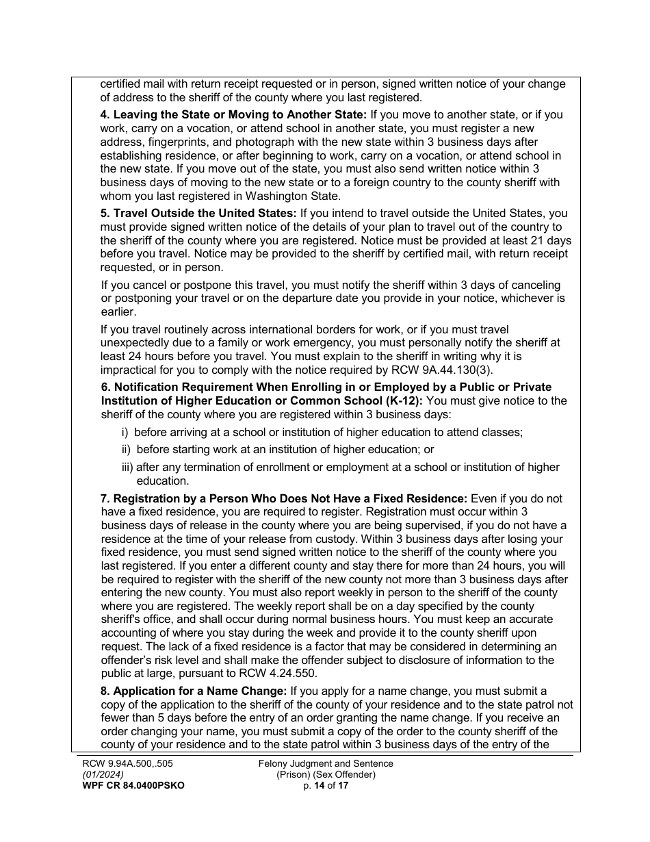 Form WPF CR84.0400PSKO Felony Judgment and Sentence - Prison (Sex Offense and Kidnapping of a Minor) - Washington, Page 14