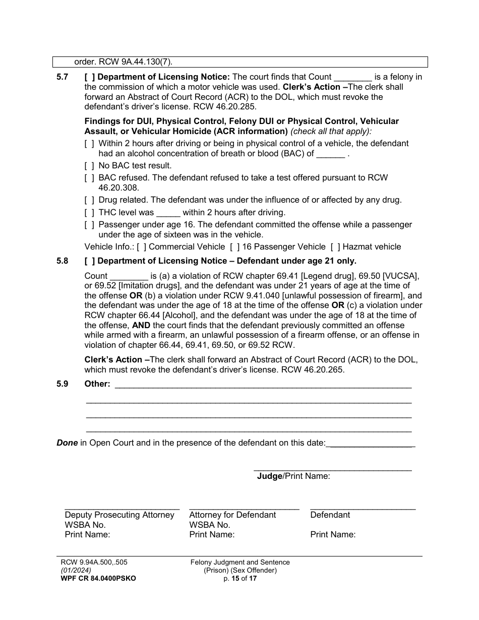 Form WPF CR84.0400PSKO Felony Judgment and Sentence - Prison (Sex Offense and Kidnapping of a Minor) - Washington, Page 15