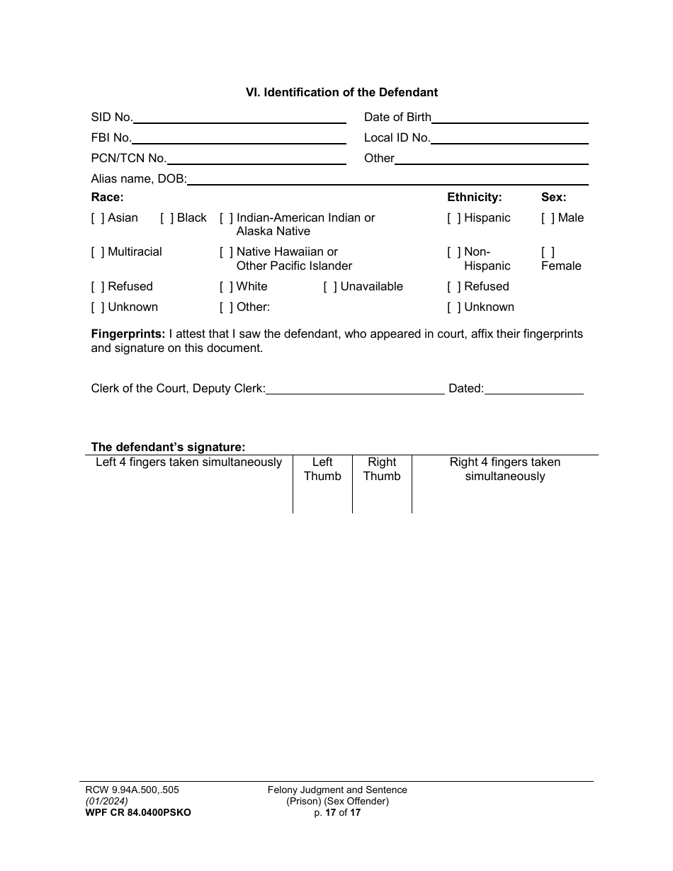 Form WPF CR84.0400PSKO Felony Judgment and Sentence - Prison (Sex Offense and Kidnapping of a Minor) - Washington, Page 17