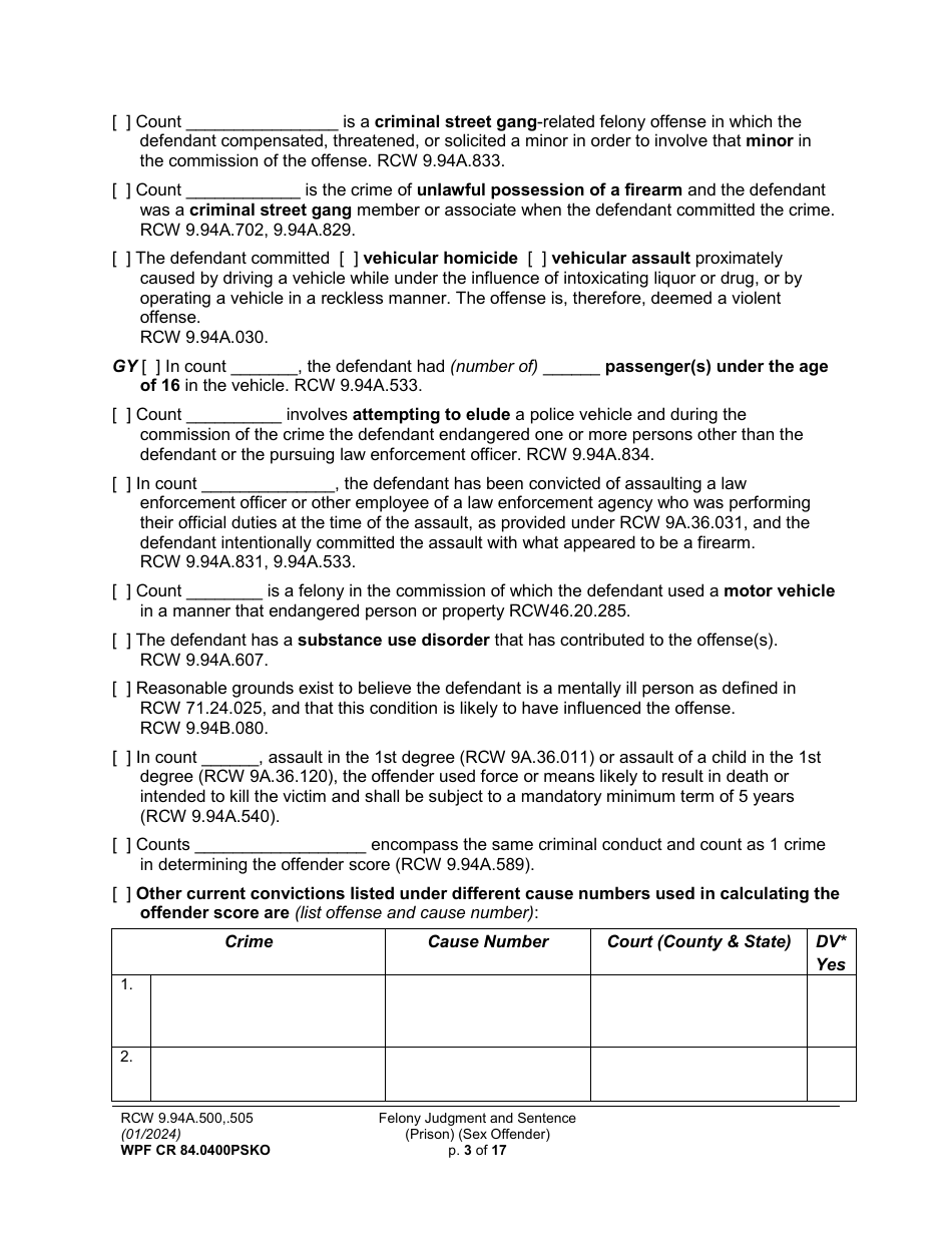 Form WPF CR84.0400PSKO Felony Judgment and Sentence - Prison (Sex Offense and Kidnapping of a Minor) - Washington, Page 3