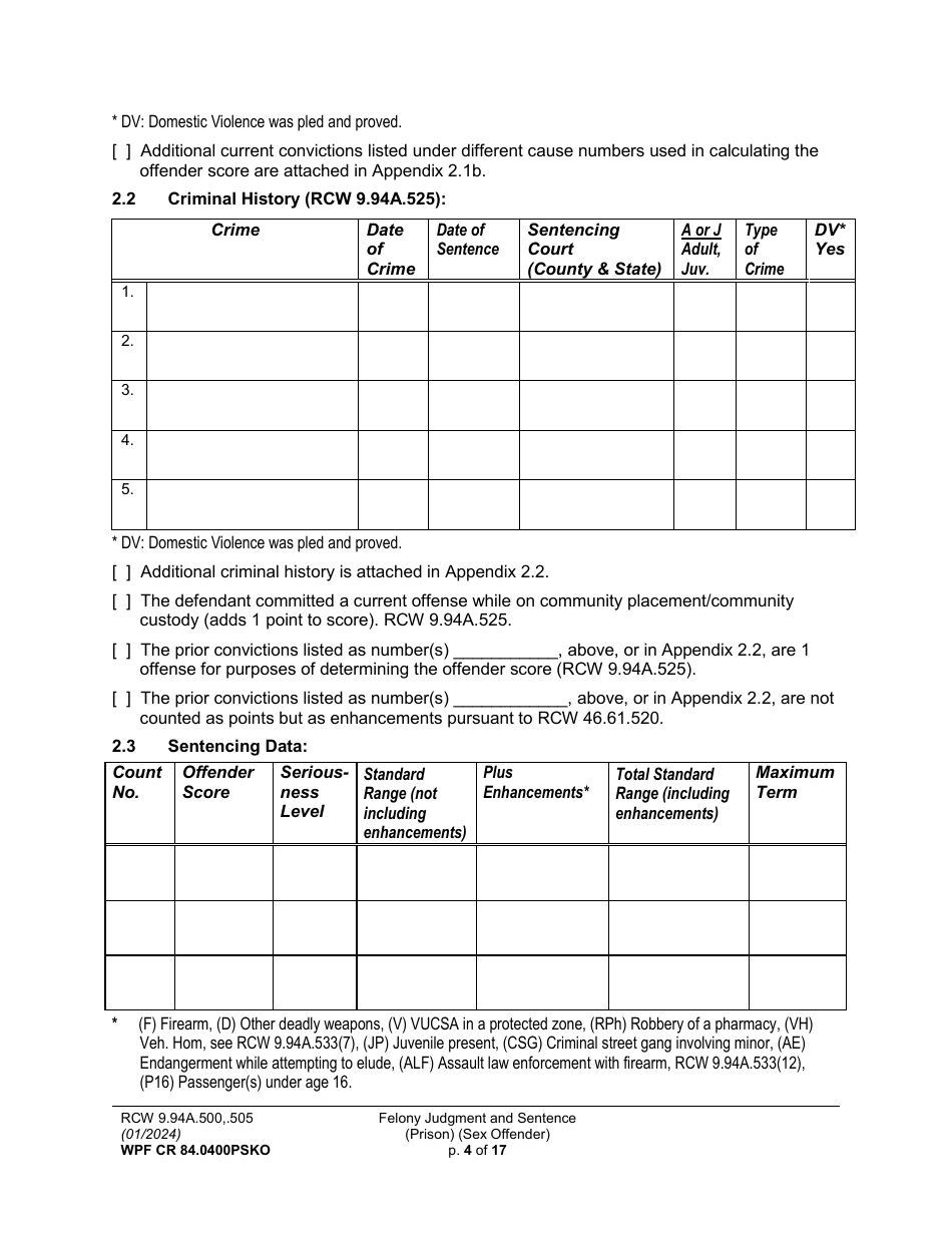 Form WPF CR84.0400PSKO Felony Judgment and Sentence - Prison (Sex Offense and Kidnapping of a Minor) - Washington, Page 4