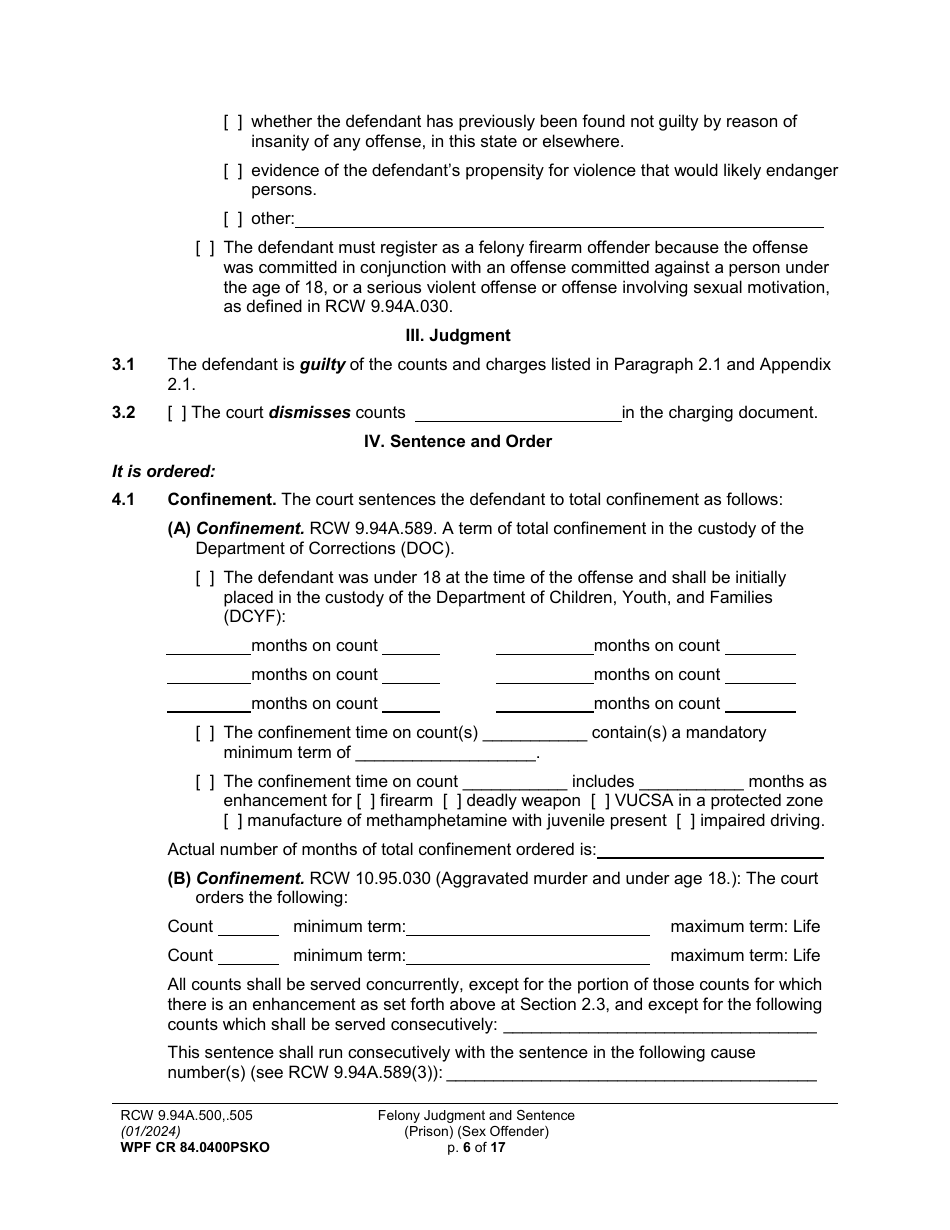 Form WPF CR84.0400PSKO Felony Judgment and Sentence - Prison (Sex Offense and Kidnapping of a Minor) - Washington, Page 6