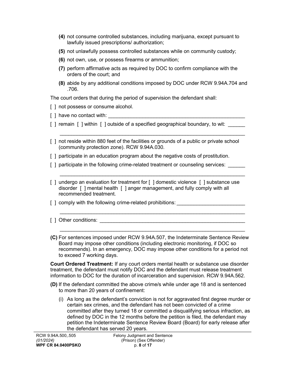Form WPF CR84.0400PSKO Felony Judgment and Sentence - Prison (Sex Offense and Kidnapping of a Minor) - Washington, Page 8