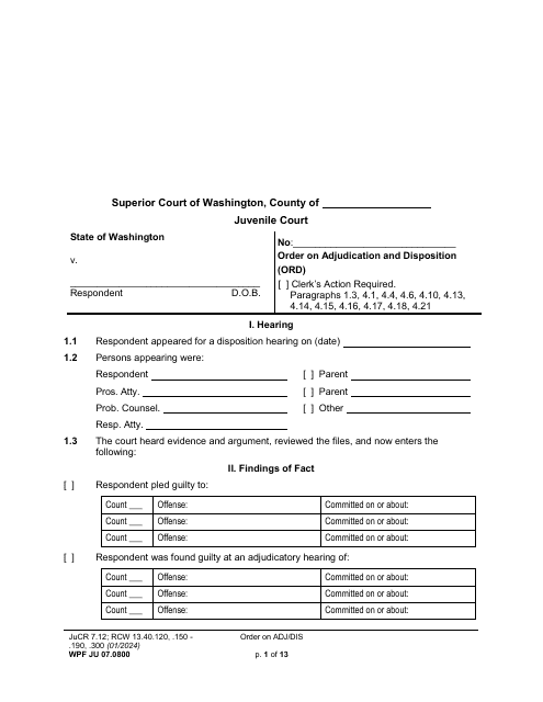 Form WPF JU07.0800 Order on Adjudication and Disposition - Washington