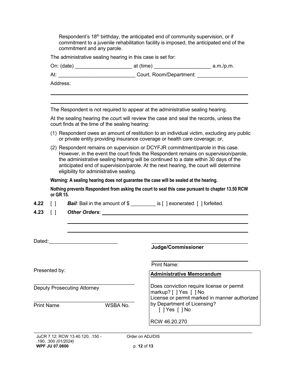 Form WPF JU07.0800 Order on Adjudication and Disposition - Washington, Page 12