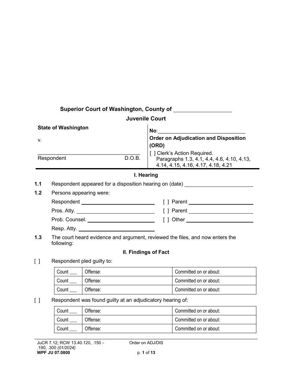 Form WPF JU07.0800 Order on Adjudication and Disposition - Washington, Page 1