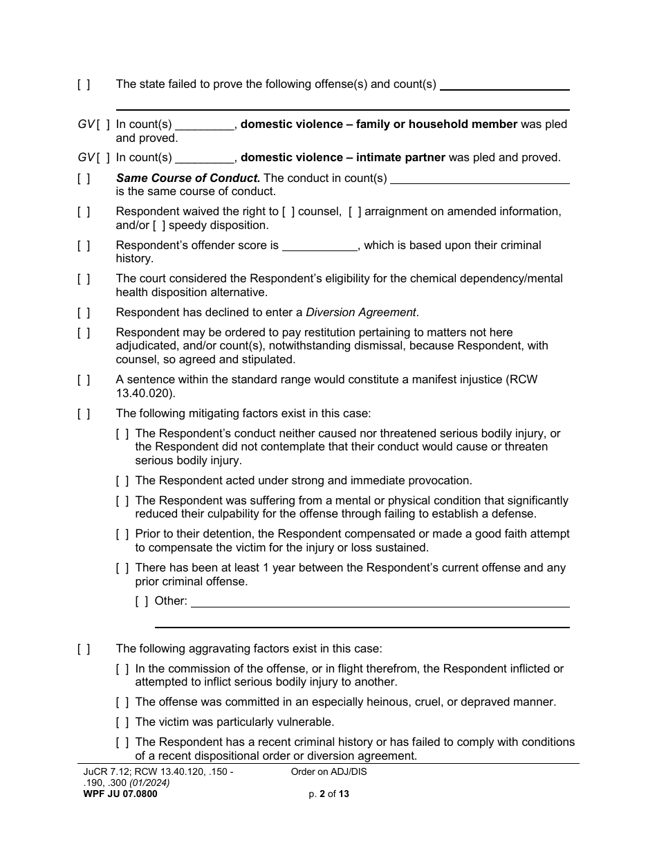 Form WPF JU07.0800 Order on Adjudication and Disposition - Washington, Page 2