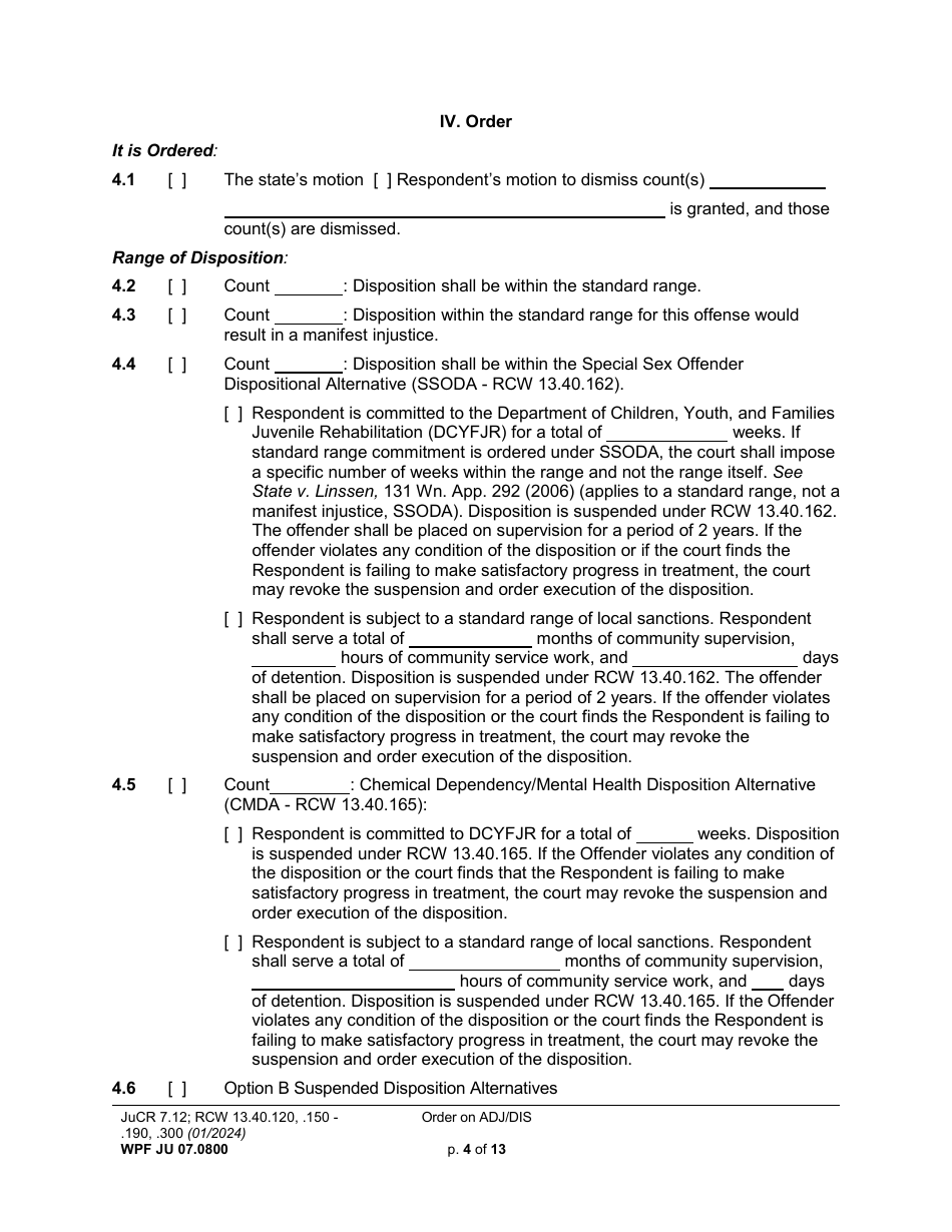 Form WPF JU07.0800 Order on Adjudication and Disposition - Washington, Page 4