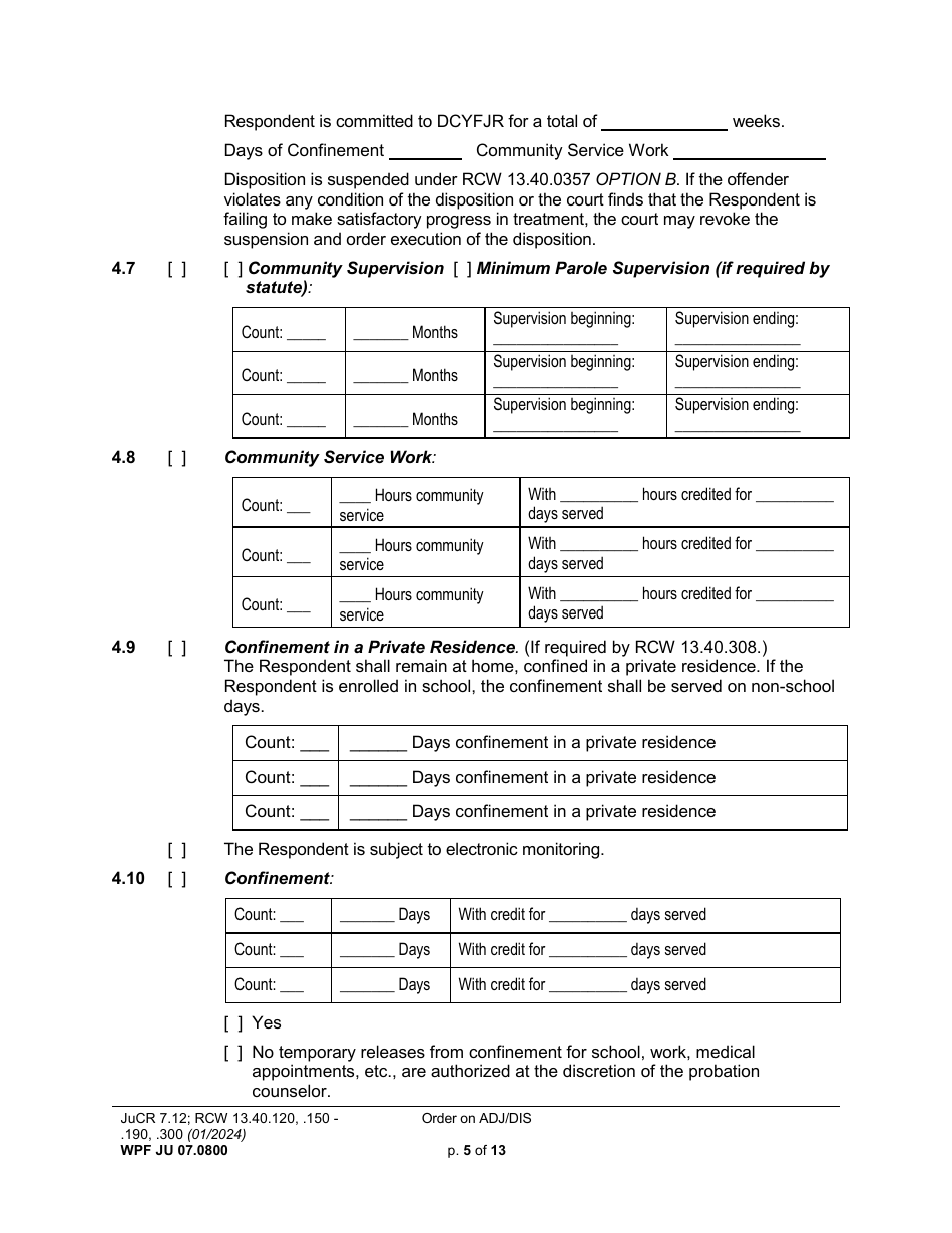 Form WPF JU07.0800 Order on Adjudication and Disposition - Washington, Page 5