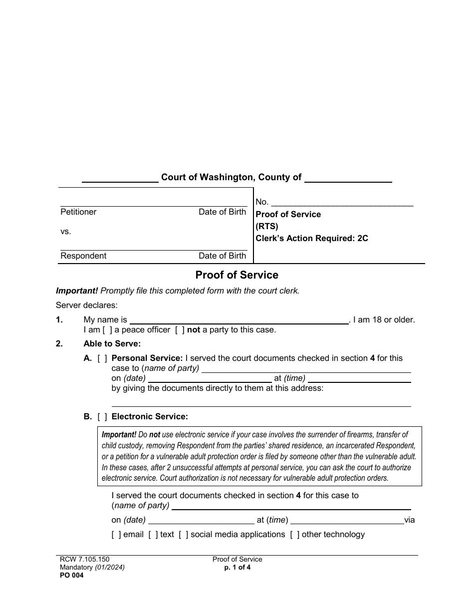 Form PO004 Proof of Service - Washington, Page 1