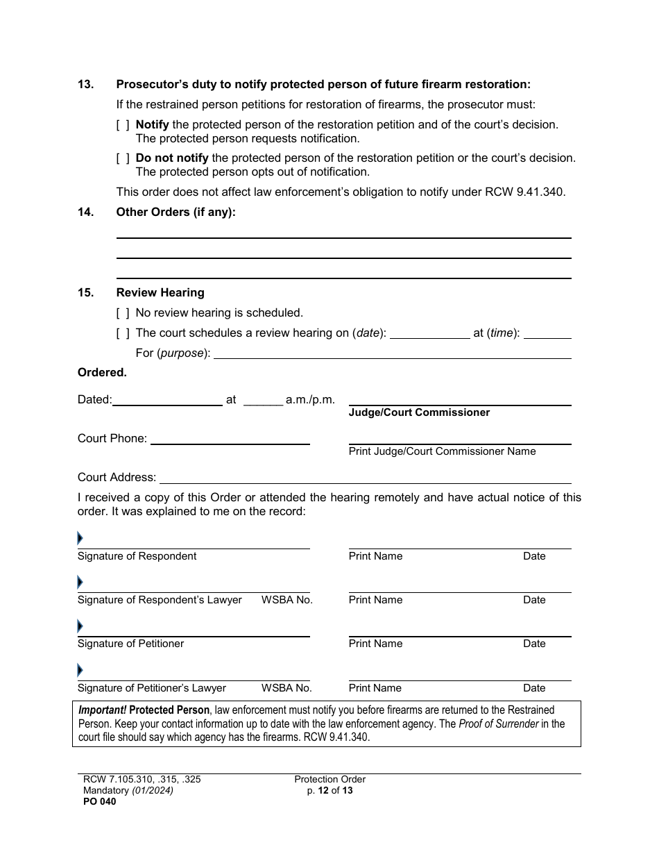 Form PO040 Protection Order - Washington, Page 12