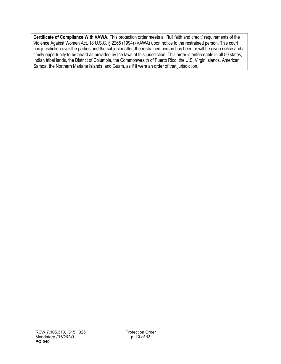 Form PO040 Protection Order - Washington, Page 13