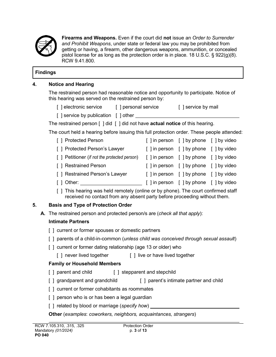 Form PO040 Protection Order - Washington, Page 3