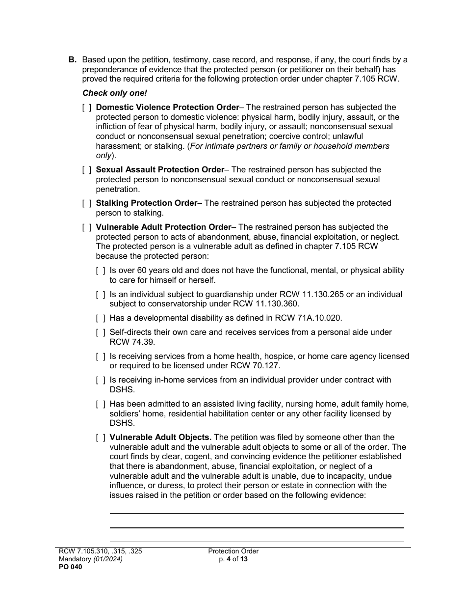Form PO040 Protection Order - Washington, Page 4