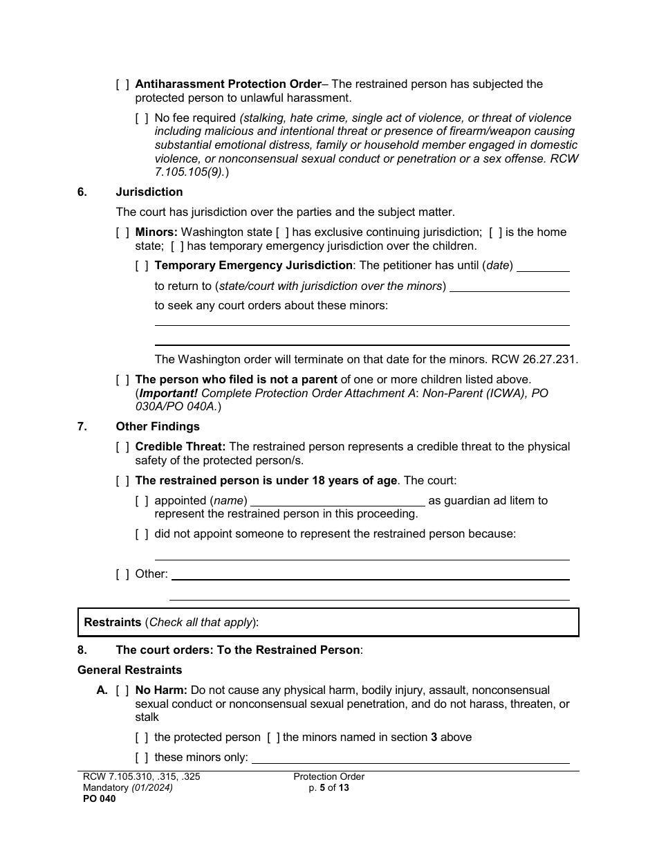 Form PO040 Protection Order - Washington, Page 5