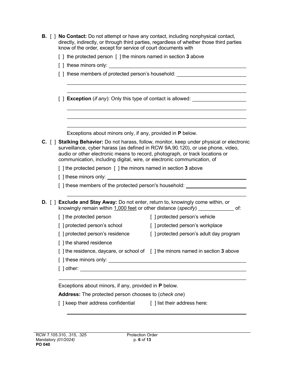 Form PO040 Protection Order - Washington, Page 6