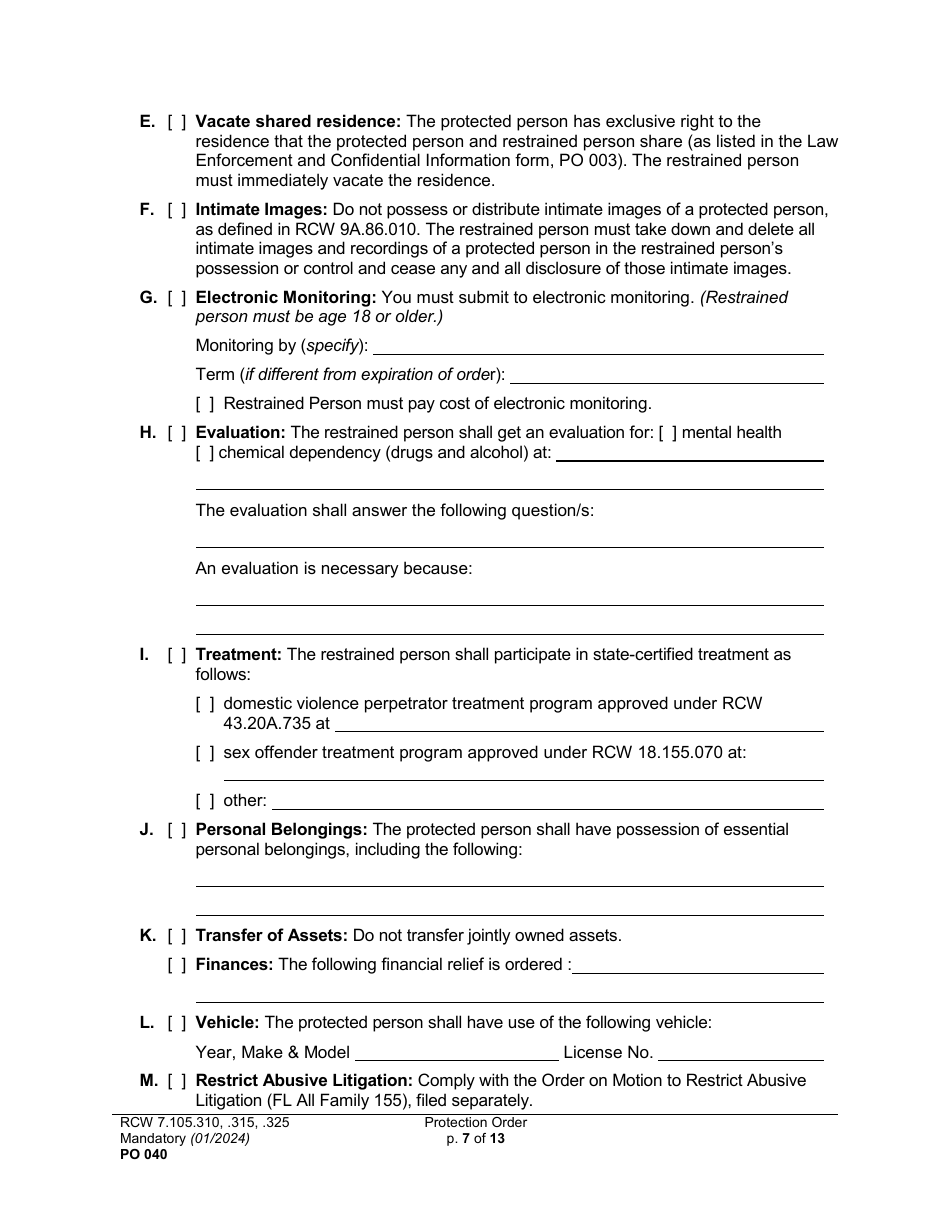 Form PO040 Protection Order - Washington, Page 7