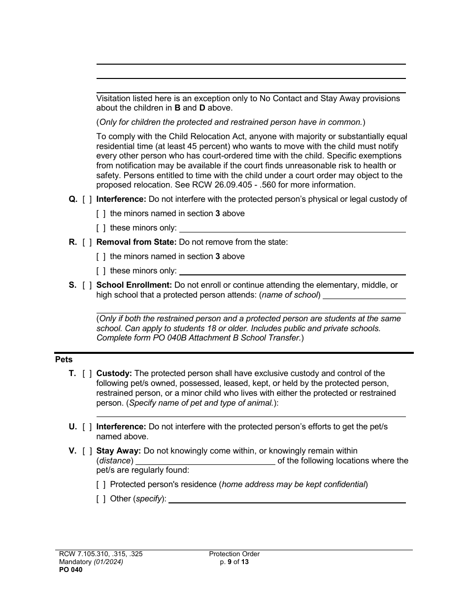 Form PO040 Protection Order - Washington, Page 9