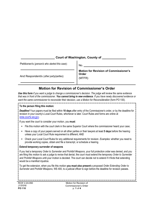 Form PO110 Motion for Revision of Commissioner's Order - Washington