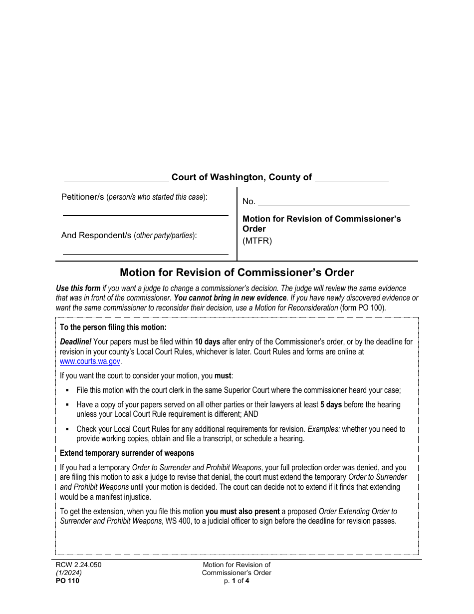 Form PO110 Motion for Revision of Commissioners Order - Washington, Page 1