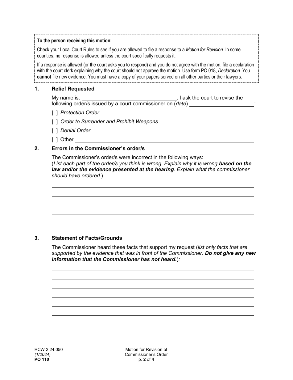 Form PO110 Motion for Revision of Commissioners Order - Washington, Page 2