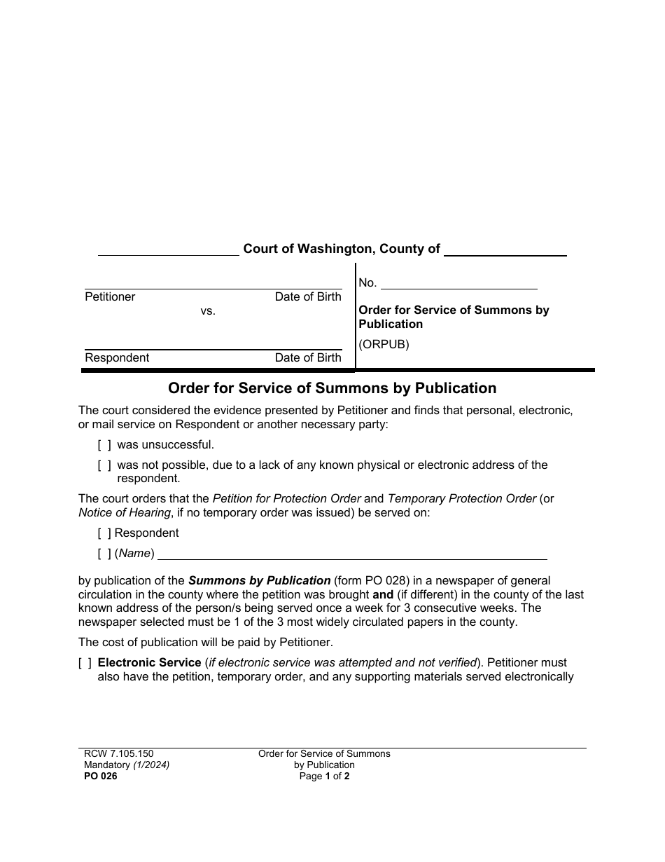 Form PO026 Order for Service of Summons by Publication - Washington, Page 1