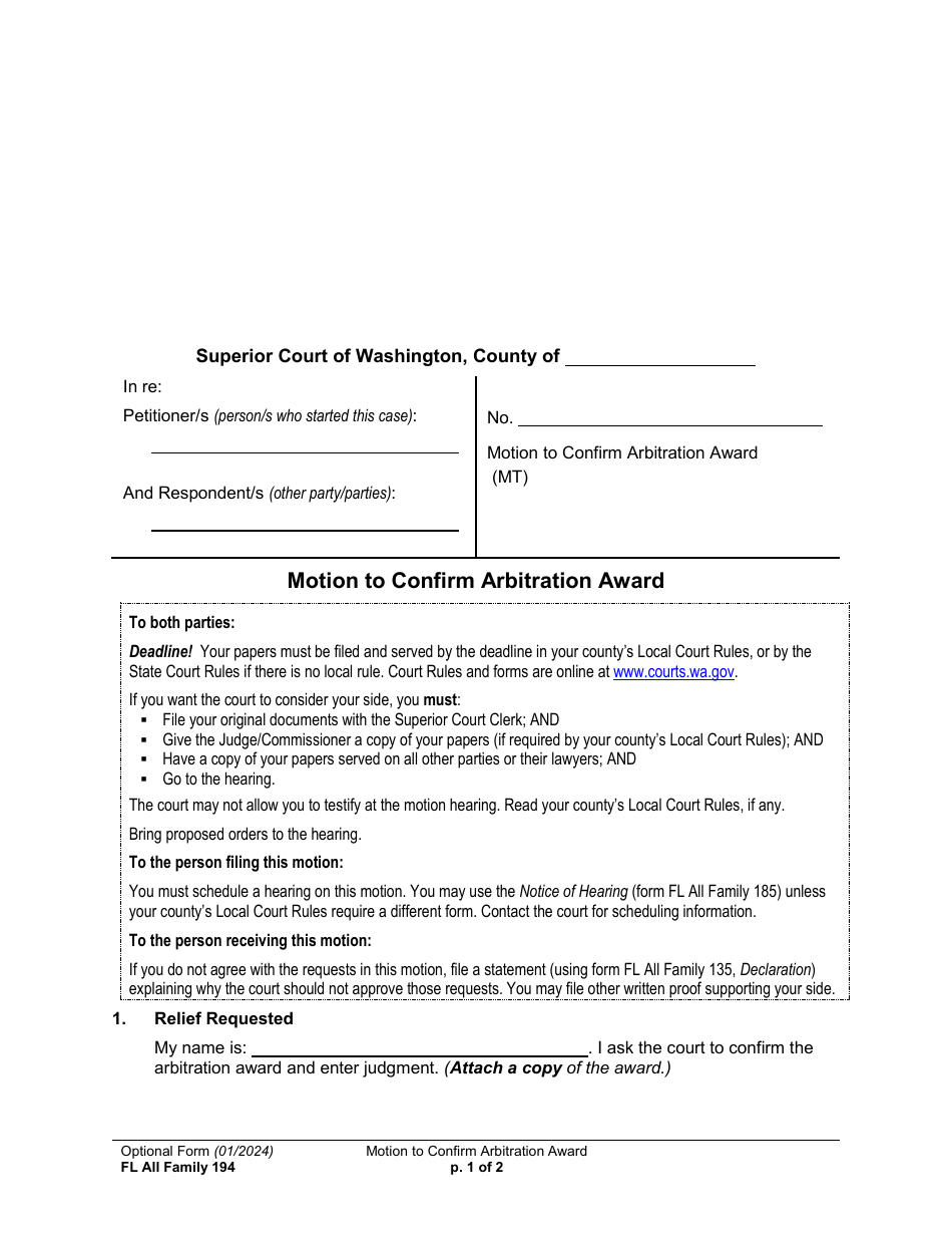 Form FL All Family194 Motion to Confirm Arbitration Award - Washington, Page 1