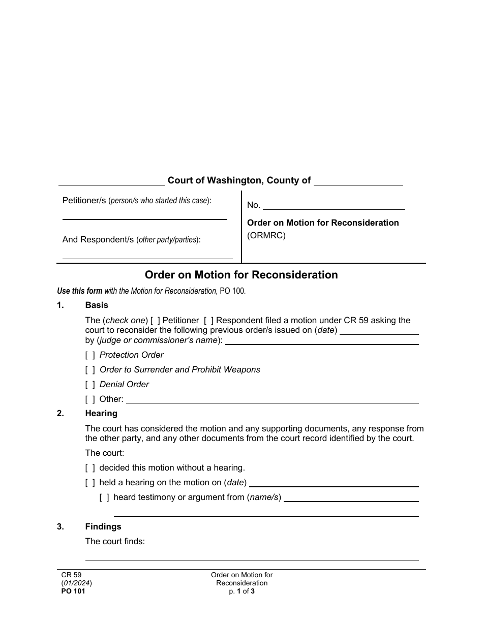 Form PO101 Order on Motion for Reconsideration - Washington, Page 1