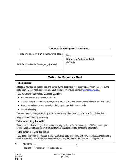 Form PO005 Motion to Redact or Seal - Washington