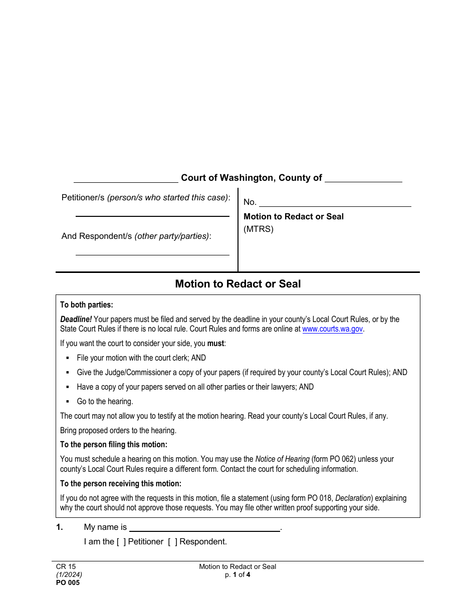 Form PO005 Motion to Redact or Seal - Washington, Page 1