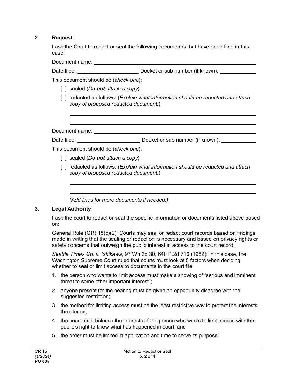 Form PO005 Motion to Redact or Seal - Washington, Page 2