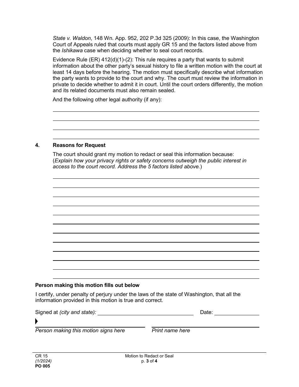 Form PO005 Motion to Redact or Seal - Washington, Page 3
