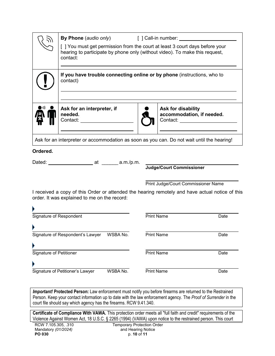 Form PO030 Temporary Protection Order and Hearing Notice - Washington, Page 10