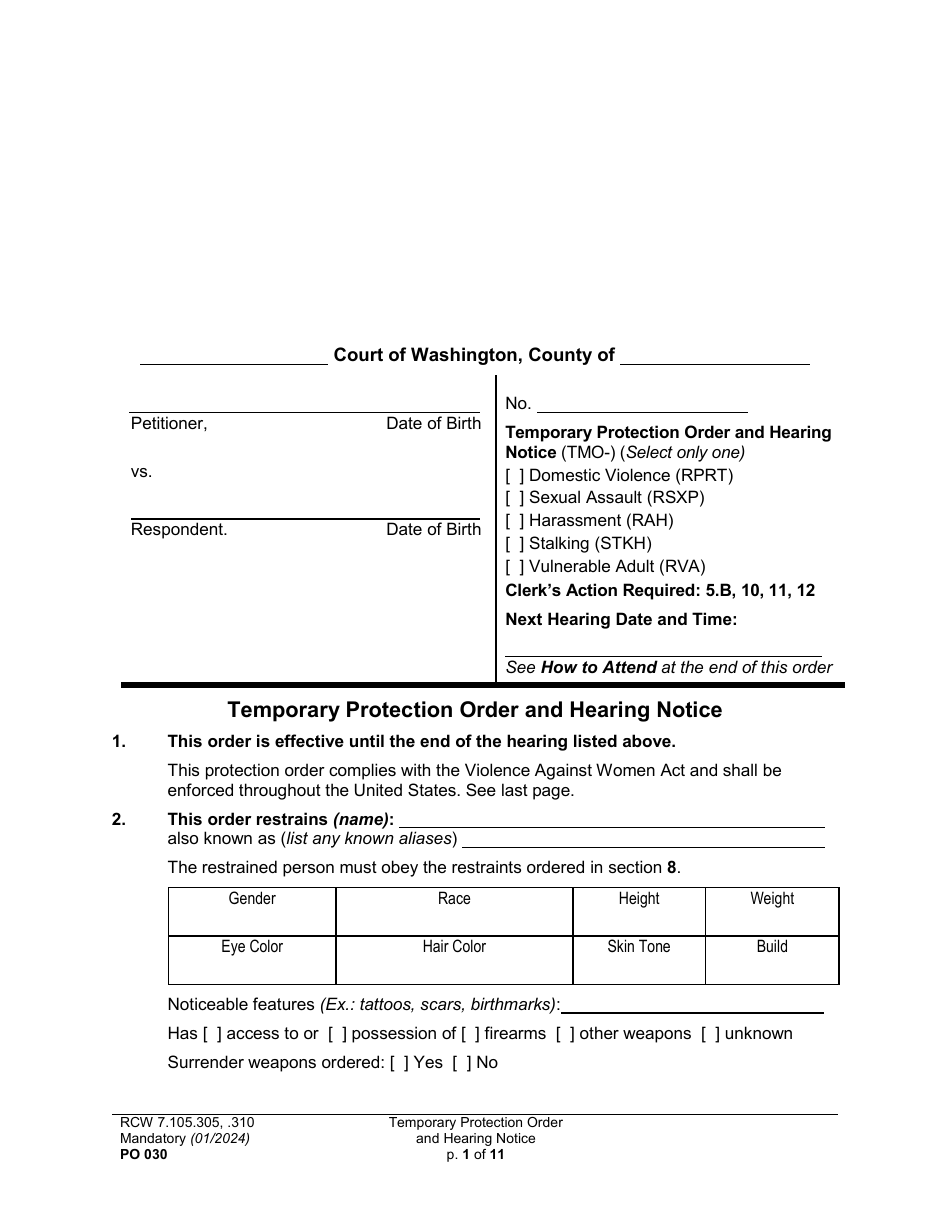 Form PO030 Temporary Protection Order and Hearing Notice - Washington, Page 1