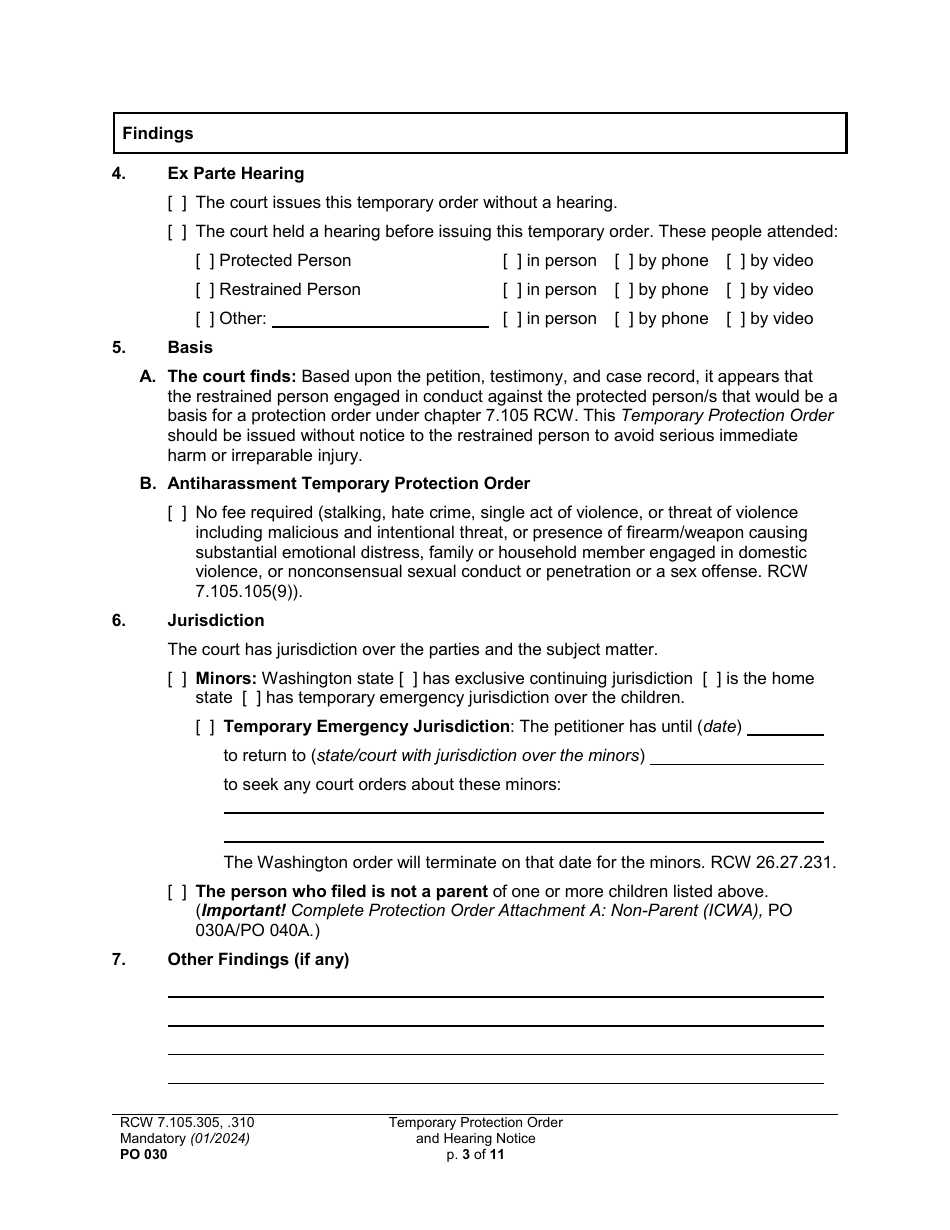 Form PO030 Temporary Protection Order and Hearing Notice - Washington, Page 3