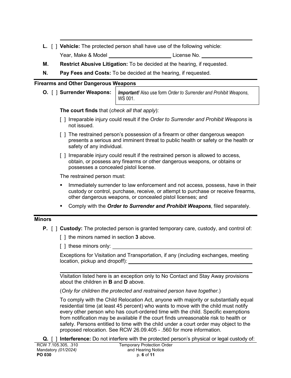Form PO030 Temporary Protection Order and Hearing Notice - Washington, Page 6