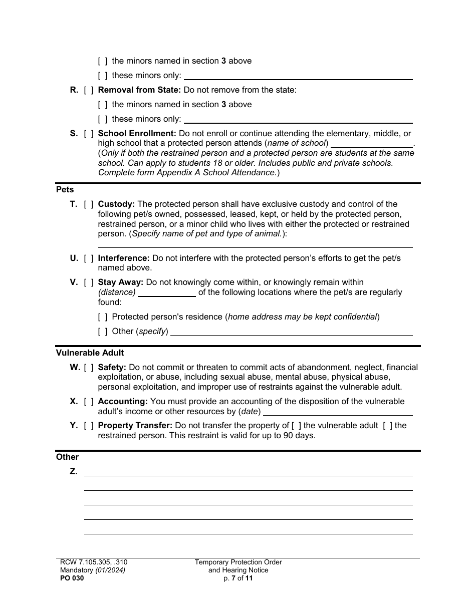 Form PO030 Temporary Protection Order and Hearing Notice - Washington, Page 7