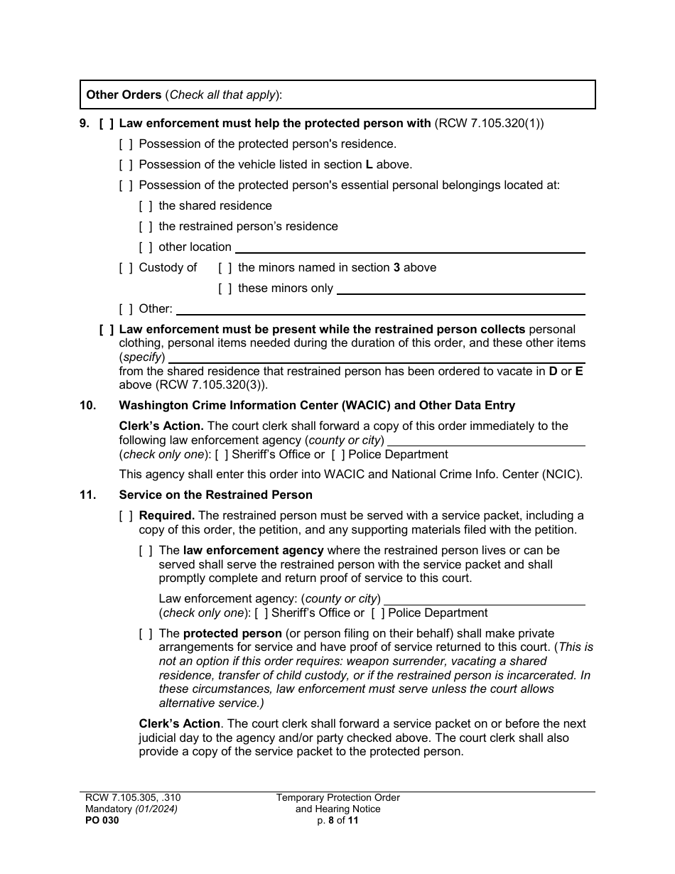 Form PO030 Temporary Protection Order and Hearing Notice - Washington, Page 8