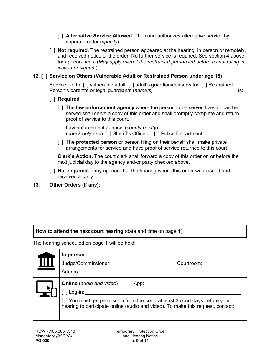 Form PO030 Temporary Protection Order and Hearing Notice - Washington, Page 9