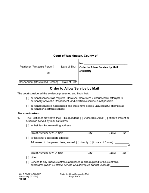 Form PO025 Order to Allow Service by Mail - Washington